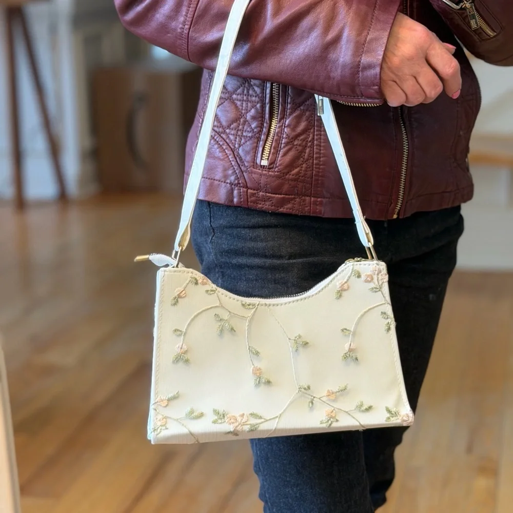 Floral Embroidered Faux Leather Baguette Bag